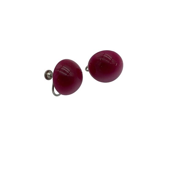 Magenta Moonstone Dome Button Gumball Beaded Silver Tone Screw Back VTG Earrings - Picture 4 of 4
